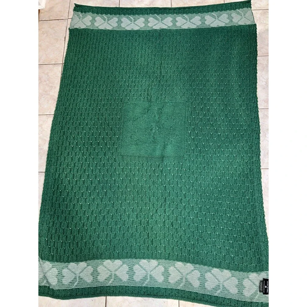 Ireland Merino Wool Throw Blanket Irish Shamrock Fisherman Cable Knit Warm Cozy
